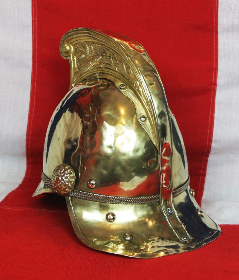 A Most Beautiful, Original, Victorian, Merryweather British Fire Service Helmet, In Brass With Gilt Dragon Comb