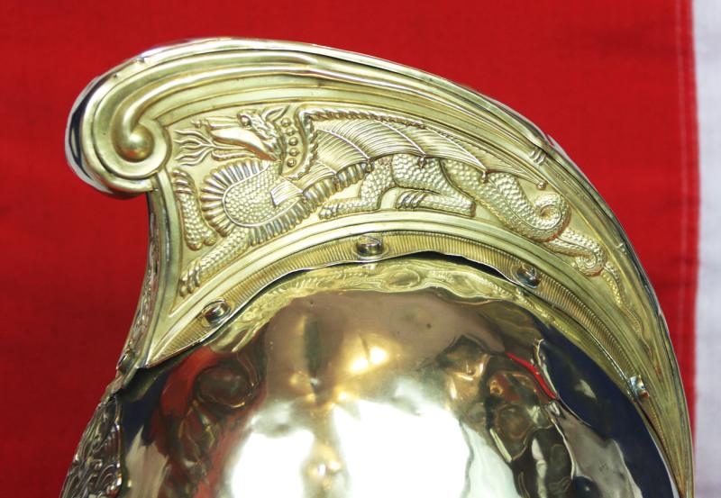A Most Beautiful, Original, Victorian, Merryweather British Fire Service Helmet, In Brass With Gilt Dragon Comb