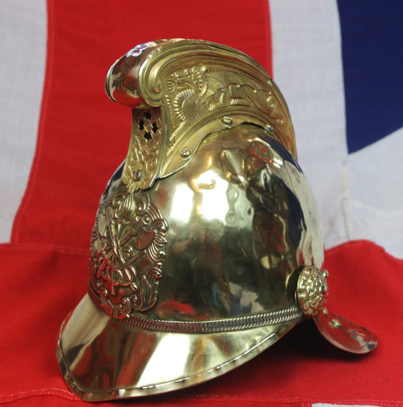 A Most Beautiful, Original, Victorian, Merryweather British Fire Service Helmet, In Brass With Gilt Dragon Comb