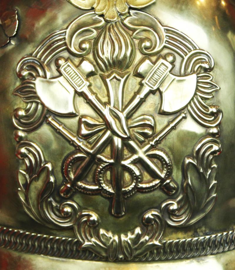 A Most Beautiful, Original, Victorian, Merryweather British Fire Service Helmet, In Brass With Gilt Dragon Comb