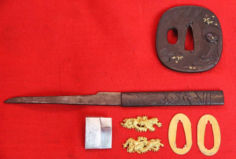 A Stunning Quality Wakizashi Signed with Honorific Title Masatoshi, Lord of Etchu, Han Dachi Mounted, Gold Dragon Menuki, Mishina School Blade, Early 1600's, Wonderful Signed Tsuba and Matching Kozuka Depicting the Tiger in the Bamboo Grove