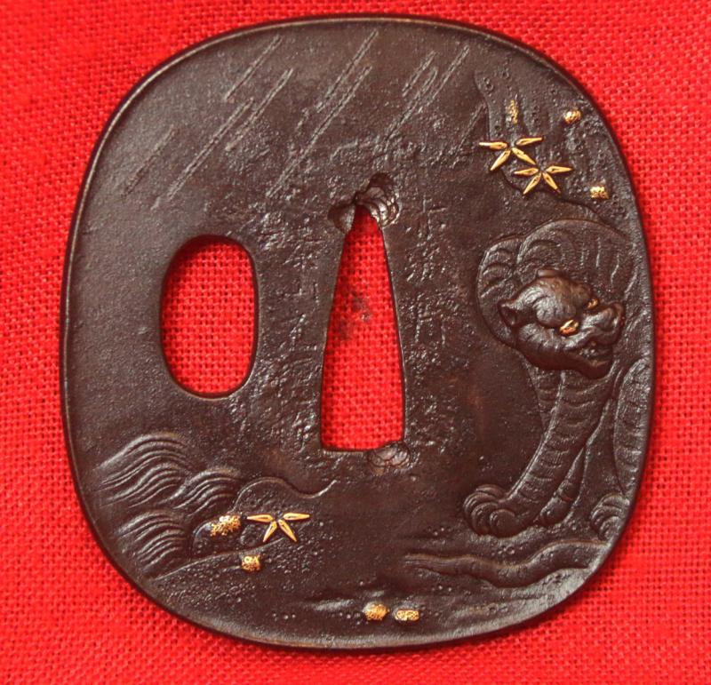 A Stunning Quality Wakizashi Signed with Honorific Title Masatoshi, Lord of Etchu, Han Dachi Mounted, Gold Dragon Menuki, Mishina School Blade, Early 1600's, Wonderful Signed Tsuba and Matching Kozuka Depicting the Tiger in the Bamboo Grove