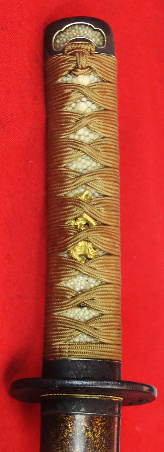 A Stunning Quality Wakizashi Signed with Honorific Title Masatoshi, Lord of Etchu, Han Dachi Mounted, Gold Dragon Menuki, Mishina School Blade, Early 1600's, Wonderful Signed Tsuba and Matching Kozuka Depicting the Tiger in the Bamboo Grove