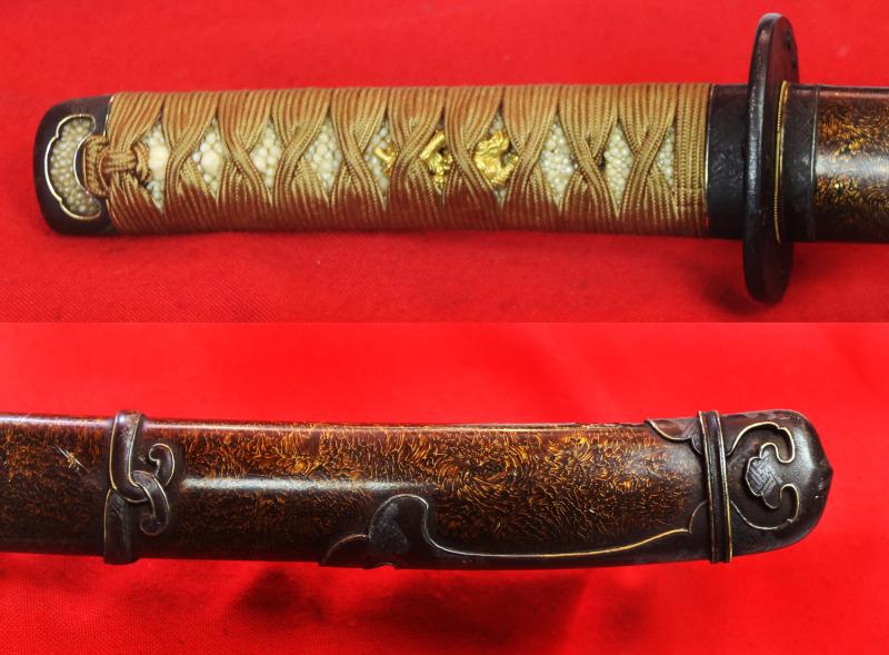 A Stunning Quality Wakizashi Signed with Honorific Title Masatoshi, Lord of Etchu, Han Dachi Mounted, Gold Dragon Menuki, Mishina School Blade, Early 1600's, Wonderful Signed Tsuba and Matching Kozuka Depicting the Tiger in the Bamboo Grove