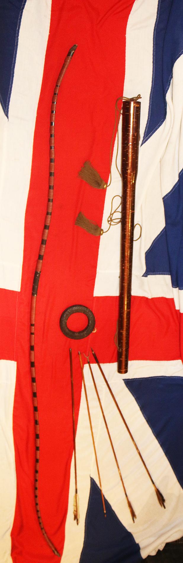 A Rare Japanese Edo Period Samurai War Bow 'Daikyū ' With Quiver 'Yabira Yazutsu' in a Cherry Bark Design, With Four Arrows 'Ya', Including A Rare Swallow Tail Arrow 'Ageha Ya', & A 'Tsurumaki' Functionary Yumi Rattan Bow String Holder