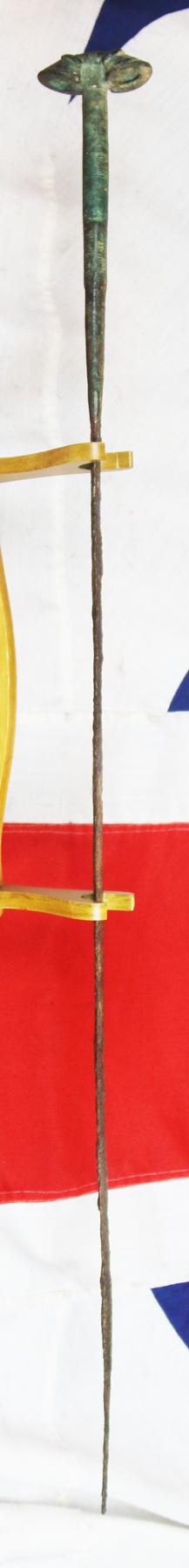 A Wonderful, Museum Piece. A Rare, Ancient Bronze and Iron Incredibly Long, High Status, Combat Cavalry Sword. 36 Inches Long. A Finely Engraved 'Eared' Bronze Hilt With a Long Iron Back Sword Blade. Around 3200 Years Old