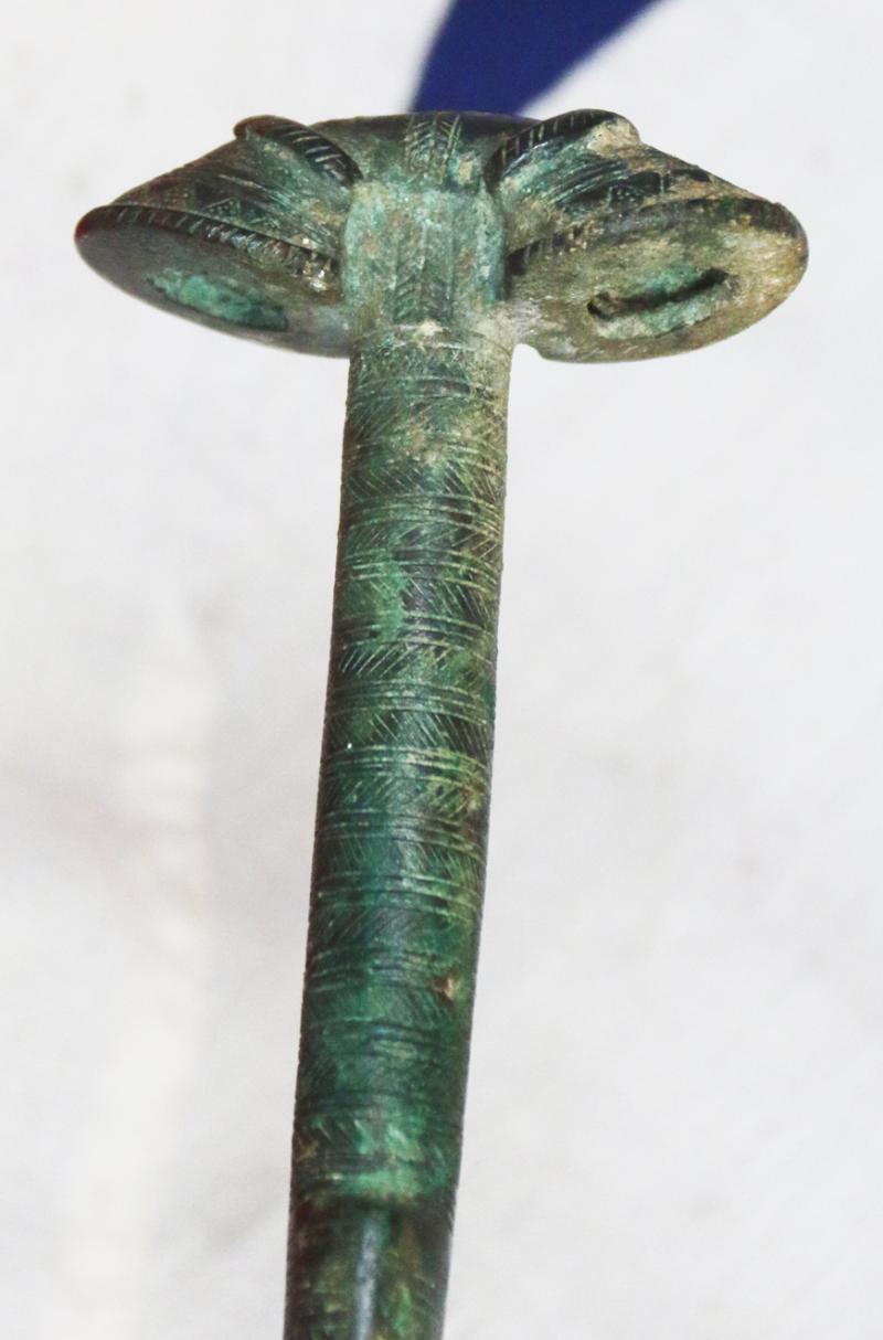 A Wonderful, Museum Piece. A Rare, Ancient Bronze and Iron Incredibly Long, High Status, Combat Cavalry Sword. 36 Inches Long. A Finely Engraved 'Eared' Bronze Hilt With a Long Iron Back Sword Blade. Around 3200 Years Old