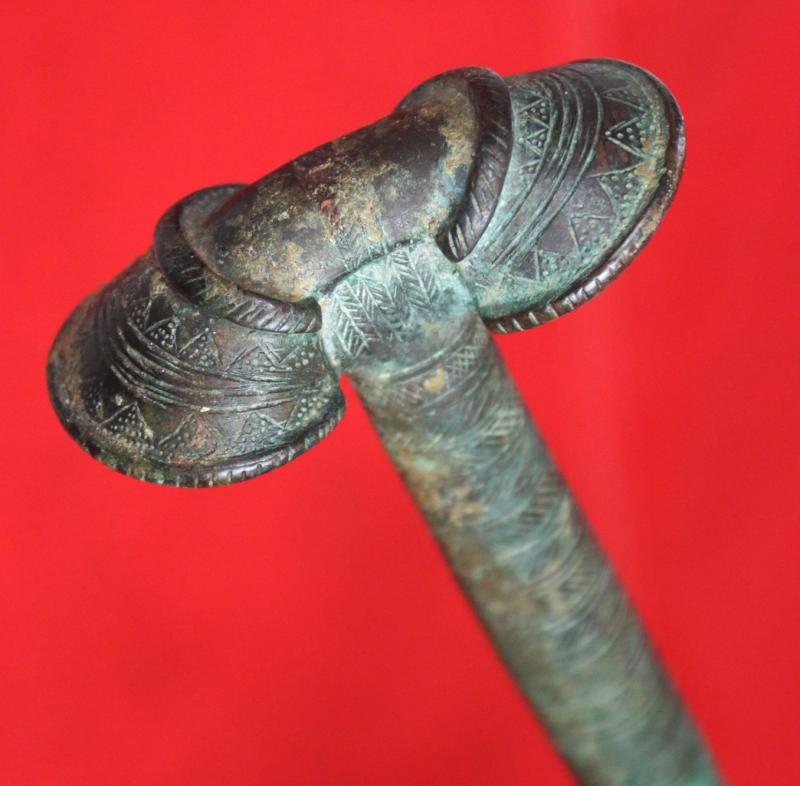 A Wonderful, Museum Piece. A Rare, Ancient Bronze and Iron Incredibly Long, High Status, Combat Cavalry Sword. 36 Inches Long. A Finely Engraved 'Eared' Bronze Hilt With a Long Iron Back Sword Blade. Around 3200 Years Old