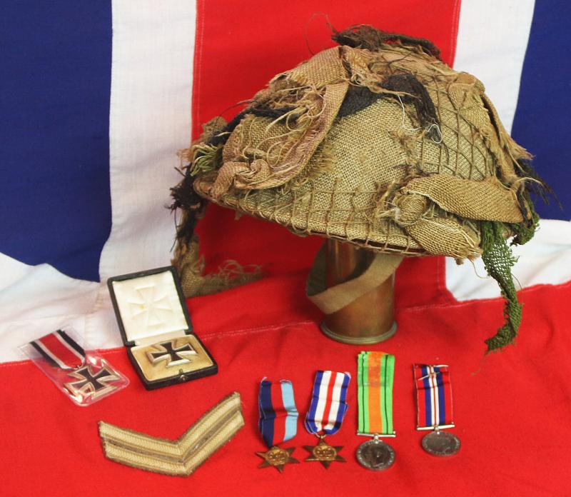 Fabulous D-Day Collection, Medals, & Stripes, of ANCO Corporal of The Ox & Bucks Light Infantry & Later Part of the Airborne Div, Plus, An Original, Net Camouflaged, D.Day Pattern MK III 'High Rivet' Helmet.