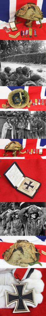 Fabulous D-Day Collection, Medals, & Stripes, of ANCO Corporal of The Ox & Bucks Light Infantry & Later Part of the Airborne Div, Plus, An Original, Net Camouflaged, D.Day Pattern MK III 'High Rivet' Helmet.