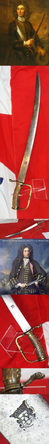 A Very Fine, 17th Century, King 'William & Queen Mary' Period Hangar Sword Cutlass of Senior Naval Officer's Admirals and Captains of the Royal Navy. Plus Infamous Pirates 🏴☠️.. King's Head Stamped Blade