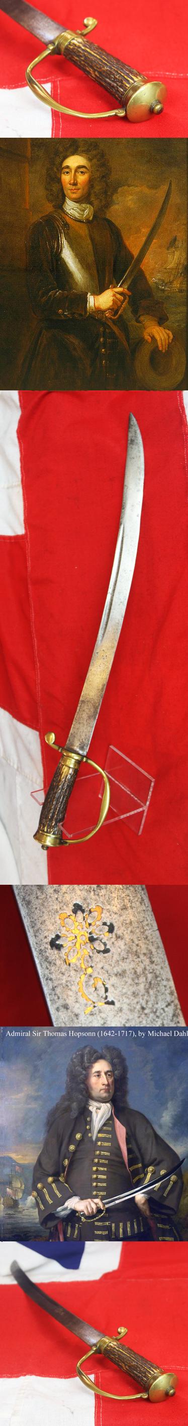 A Very Fine, 17th Century, King 'William & Queen Mary' Period Hangar Sword Cutlass of Senior Naval Officer's Admirals and Captains of the Royal Navy. & Notorious Pirates 🏴☠️ Gold Inlaid Flower Head Stamped Blade