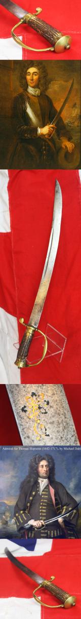 A Very Fine, 17th Century, King 'William & Queen Mary' Period Hangar Sword Cutlass of Senior Naval Officer's Admirals and Captains of the Royal Navy. & Notorious Pirates 🏴☠️ Gold Inlaid Flower Head Stamped Blade