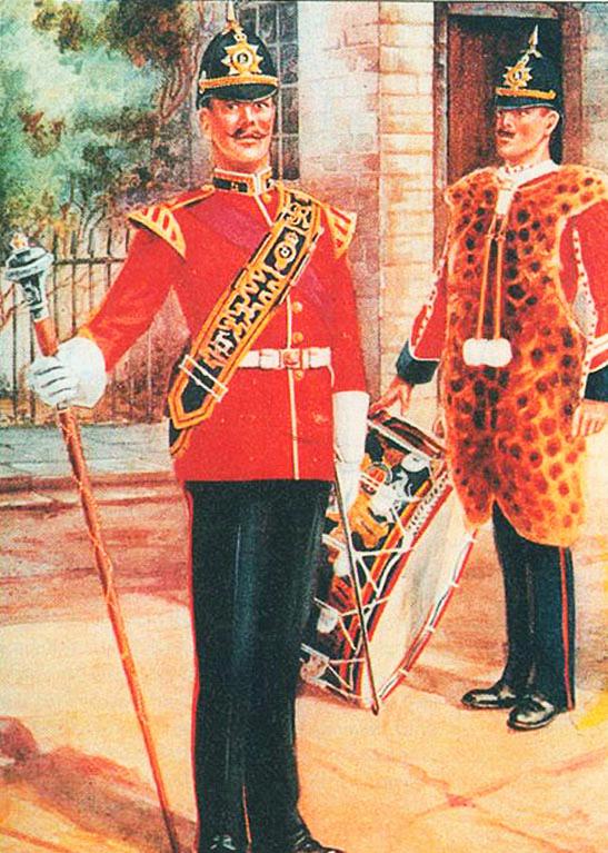 An Original, Victorian, Regimental British Army Leopard Skin Apron & Guards Bandsman’s Tunic for The Ornately Uniformed Regimental Bass Drummer