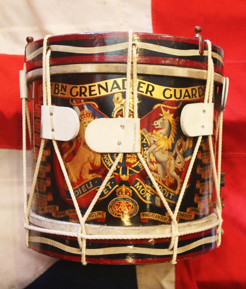 A King George Vth, King George VIth & WW2 Regimental Painted 1st Battalion Grenadier Guards, Rope Tension Snare Drum With Battle Honours Up to The End of WW1, 1918