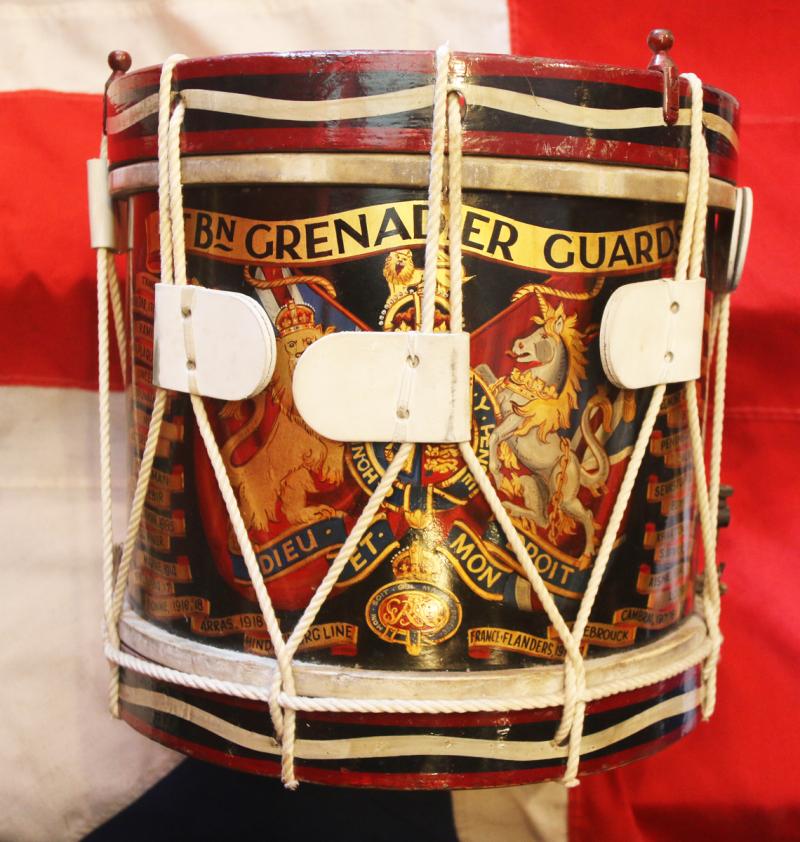A King George Vth, King George VIth & WW2 Regimental Painted 1st Battalion Grenadier Guards, Rope Tension Snare Drum With Battle Honours Up to The End of WW1, 1918