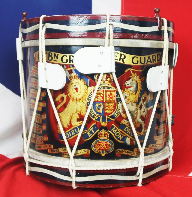 A King George Vth, King George VIth & WW2 Regimental Painted 1st Battalion Grenadier Guards, Rope Tension Snare Drum With Battle Honours Up to The End of WW1, 1918
