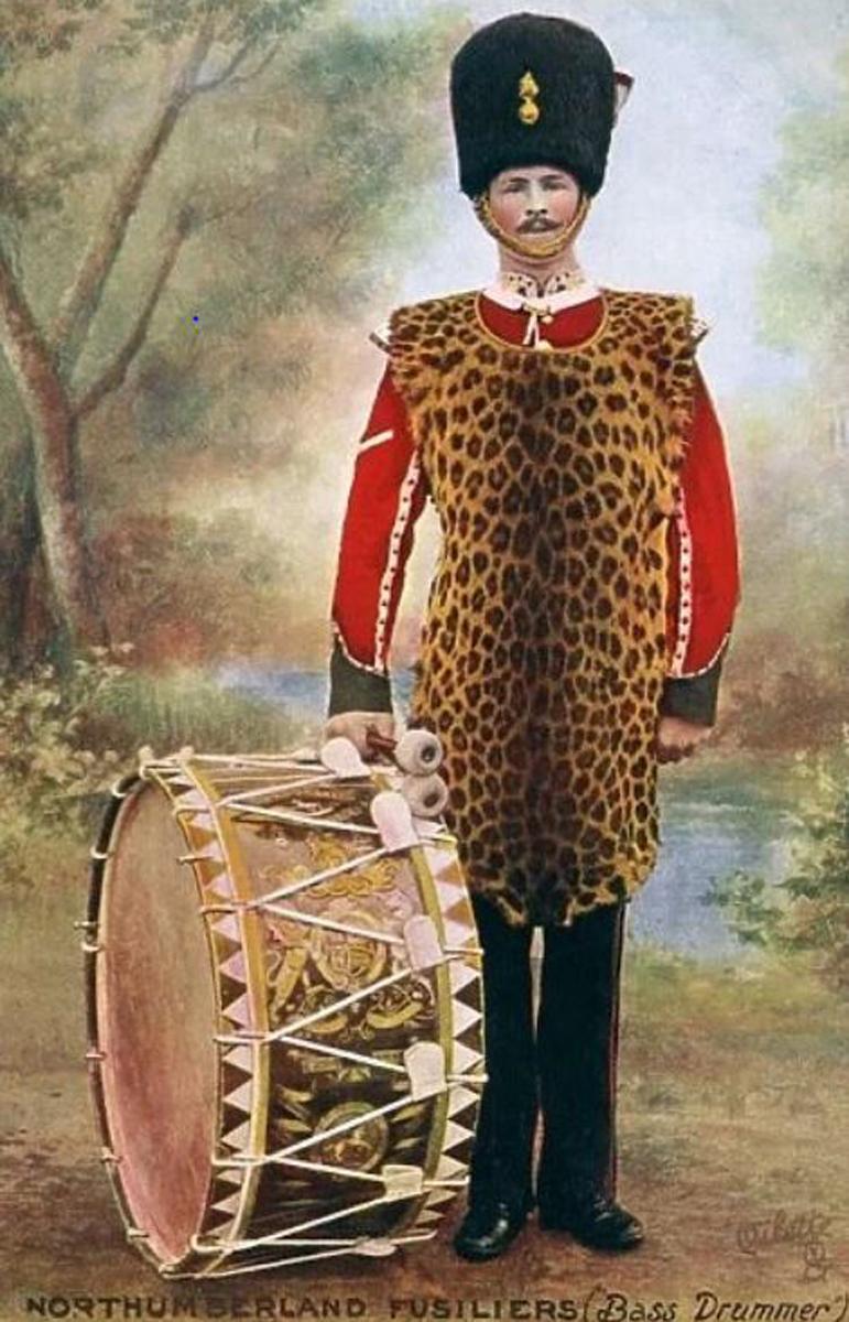 Scarce Antique Victorian Regimental Racoon Skin Cap of The Northumberland Fusiler's. Flaming Fusiler Grenade Badge With George and The Dragon Regimental Motto Quo Fata Vocant With Red and White Feather Hackle, and Curb Chin Chain