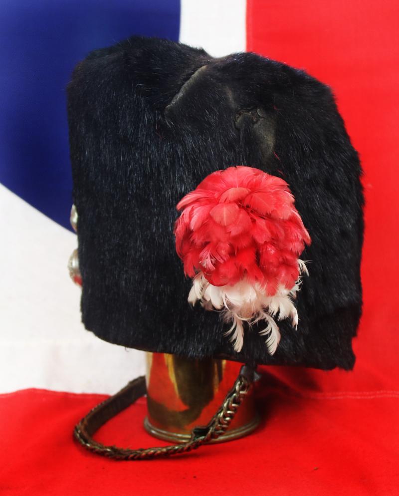 Scarce Antique Victorian Regimental Racoon Skin Cap of The Northumberland Fusiler's. Flaming Fusiler Grenade Badge With George and The Dragon Regimental Motto Quo Fata Vocant With Red and White Feather Hackle, and Curb Chin Chain