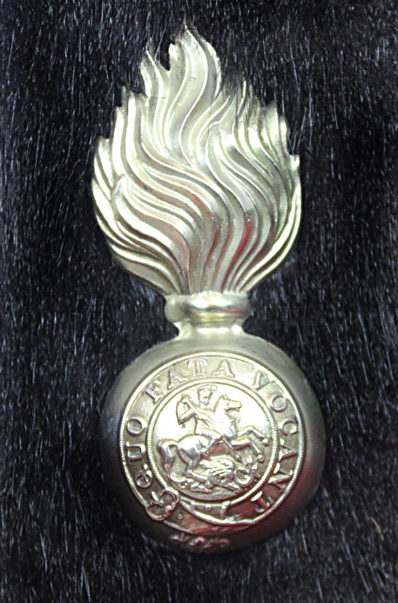 Scarce Antique Victorian Regimental Racoon Skin Cap of The Northumberland Fusiler's. Flaming Fusiler Grenade Badge With George and The Dragon Regimental Motto Quo Fata Vocant With Red and White Feather Hackle, and Curb Chin Chain