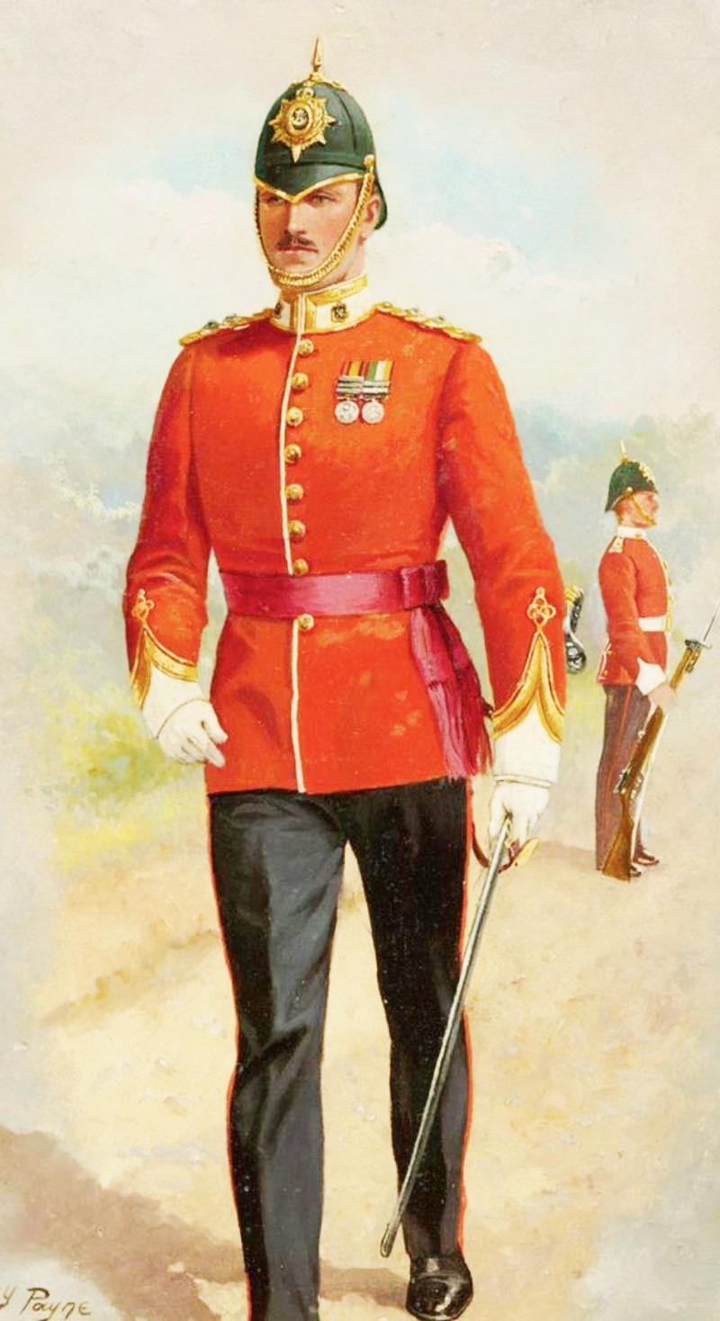 A Superb Victorian Service Helmet of the Hampshire Regiment, the Ist Volunteer Battalion. Blue Cloth with Silver Badge, Fittings, Spike, & Rose Head Curb Chain Mounts and Chin Chain