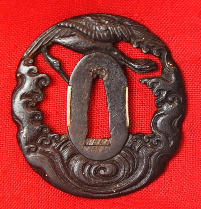 A Beautiful Omori School Tsuba Turbulant Sea With Crashing Waves and A Crane Swooping Over Turtle Below.. Edo Period