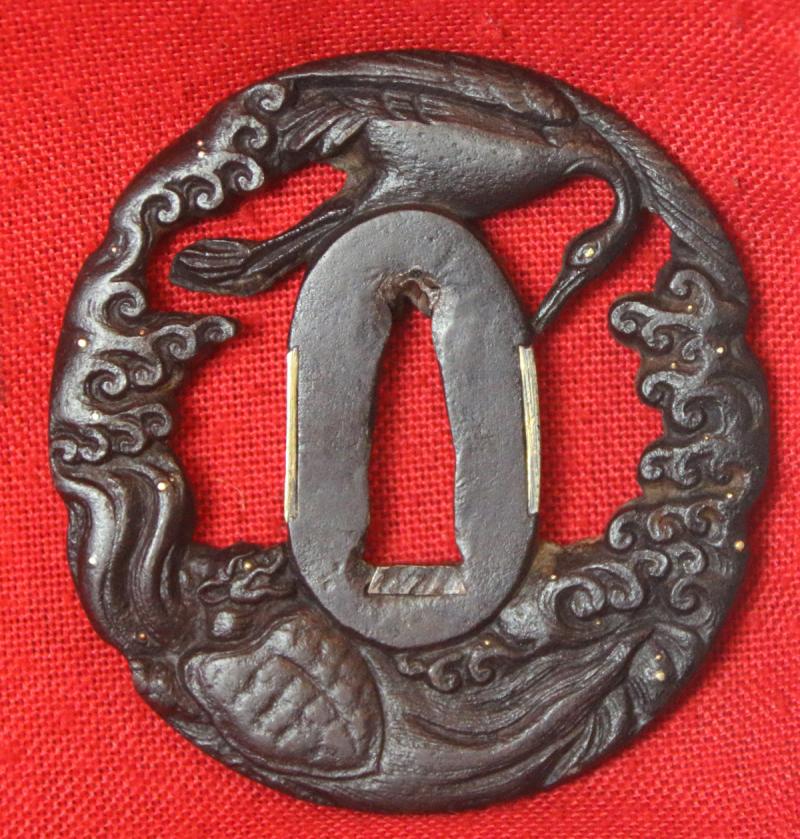 A Beautiful Omori School Tsuba Turbulant Sea With Crashing Waves and A Crane Swooping Over Turtle Below.. Edo Period