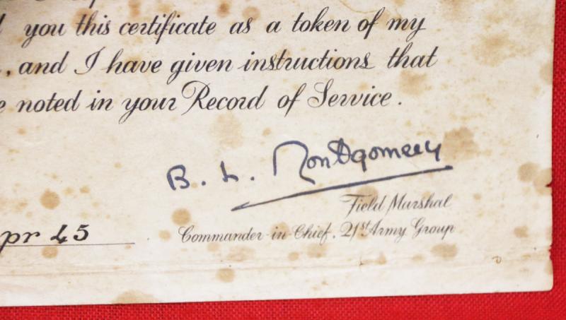 A Rare WW2 21st Army Group Commander-in-Chief's, Field Marshal Bernard Law Montgomery, April 1945 Signed Certificate for Outstanding Good Service & Devotion To Duty As a Combatant.