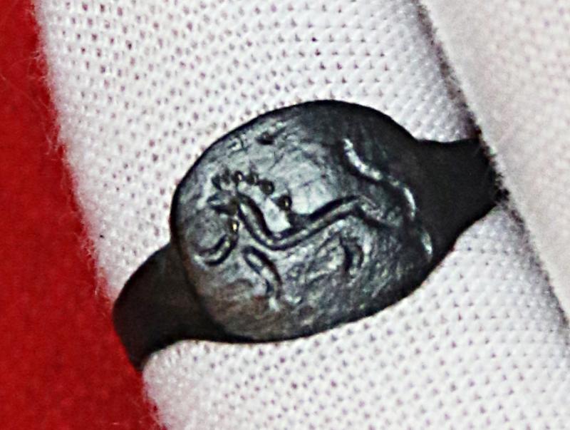 A Rare Original Roman Gladiatrix, {A Female Gladiator} Size Bronze Ring, Early Imperial Roman Period. Featuring A Coliseum Barbary Lion in a Combat Pose Around 1900 Years Old