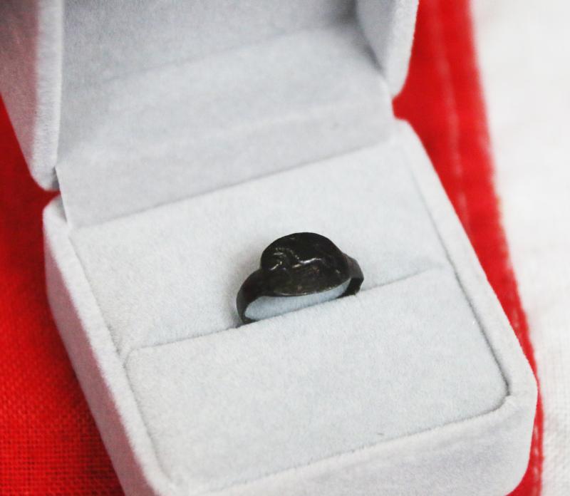 A Rare Original Roman Gladiatrix, {A Female Gladiator} Size Bronze Ring, Early Imperial Roman Period. Featuring A Coliseum Barbary Lion in a Combat Pose Around 1900 Years Old