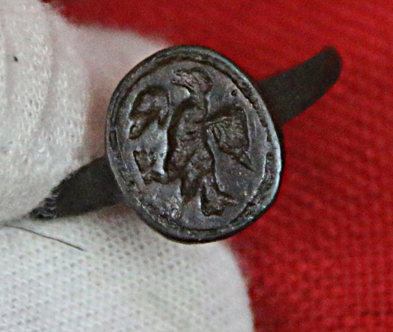 Most Rare & Desirable, Status Ring, An Original Ancient Roman Bronze Ring Engraved With A Roman Legion’s Eagle Standard. An Image Of An Ancient Roman Legion's Standard Possibly For The Legion's Aquilfer {Standard Bearer} Circa 1700 Years Old