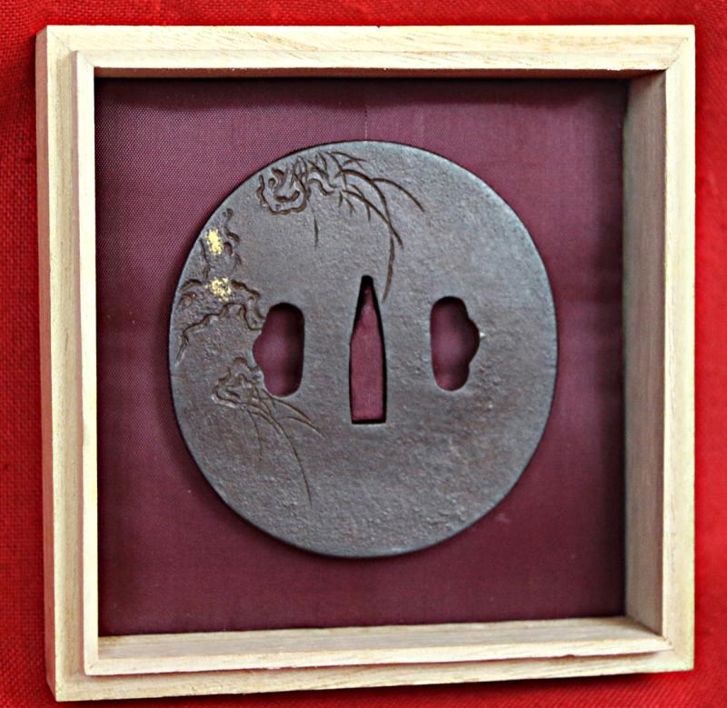 A Beautiful & Stunning Edo Period Tetsu Round Tsuba Of a Bat Flying in Rain Over Turbulant Seas.