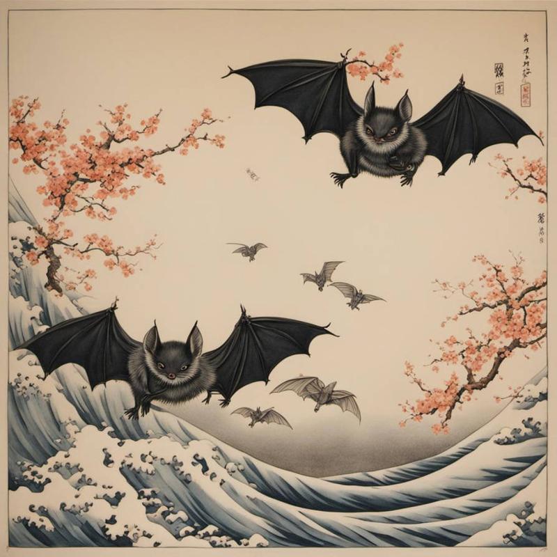 A Beautiful & Stunning Edo Period Tetsu Round Tsuba Of a Bat Flying in Rain Over Turbulant Seas.