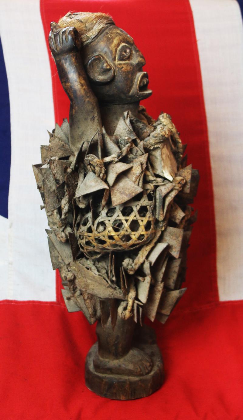 An Absolutely Superb Esoteric Antique Witchcraft Fetish Statue. An African Kongo Witch Doctor's Nail-Fetish Figure, A Voduo {Voodoo} Nkondo Nkisi. Historically Much Feared by Victorian Missionaries as Instruments of Sorcery. Made by The Tribal Nganga