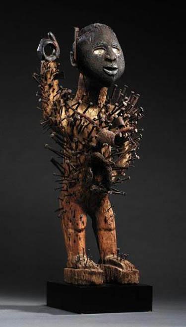 Absolutely Superb Esoteric Antique Witchcraft Fetish Statue. An African Kongo Witch Doctor's Nail-Fetish Power Figure, A Voduo {Voodoo} Nkondi Nkisi. Historically Much Feared by Victorian Missionaries as Instruments of Sorcery. Made by The Tribal Nganga