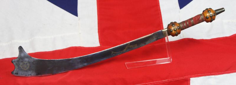 A Most Rare 18th-19th Century Nepalese Battle Kora With Highly Unusual Distinctive Flared Gold Inlaid Blade and Inside Cutting Edge and Skull Crusher Pommel