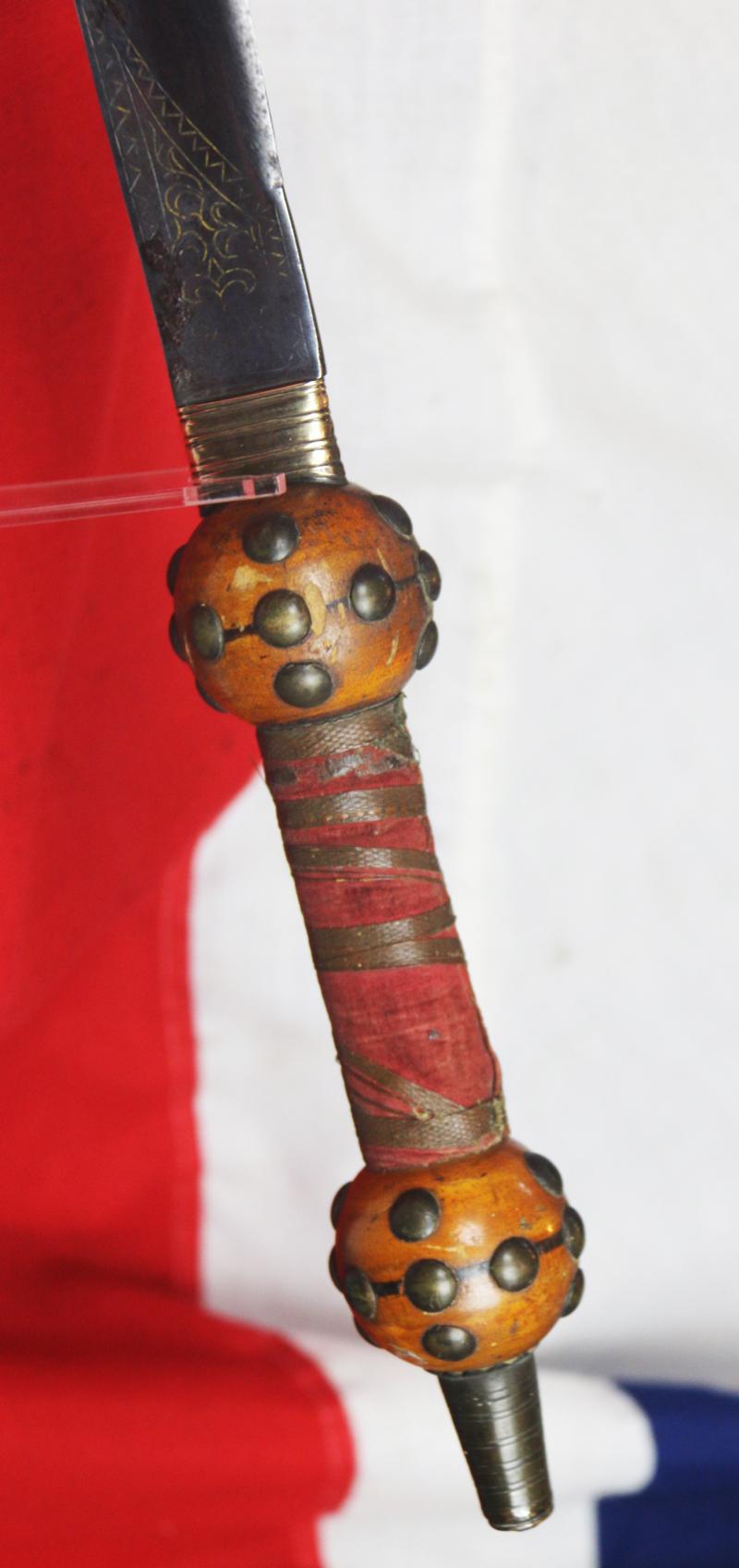 A Most Rare 18th-19th Century Nepalese Battle Kora With Highly Unusual Distinctive Flared Gold Inlaid Blade and Inside Cutting Edge and Skull Crusher Pommel
