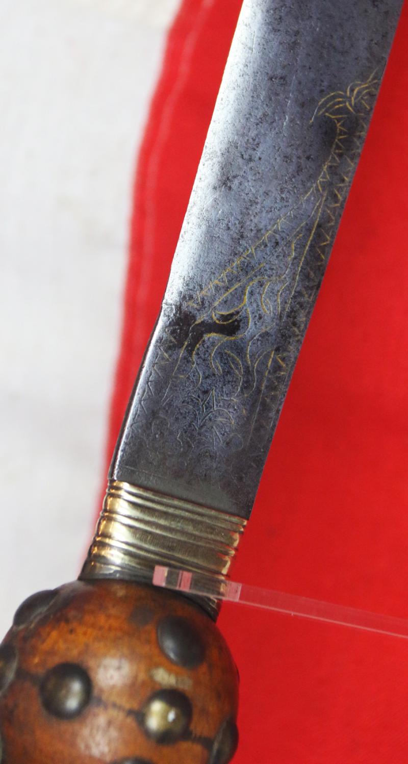 A Most Rare 18th-19th Century Nepalese Battle Kora With Highly Unusual Distinctive Flared Gold Inlaid Blade and Inside Cutting Edge and Skull Crusher Pommel
