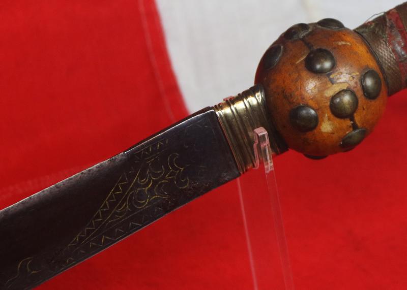 A Most Rare 18th-19th Century Nepalese Battle Kora With Highly Unusual Distinctive Flared Gold Inlaid Blade and Inside Cutting Edge and Skull Crusher Pommel