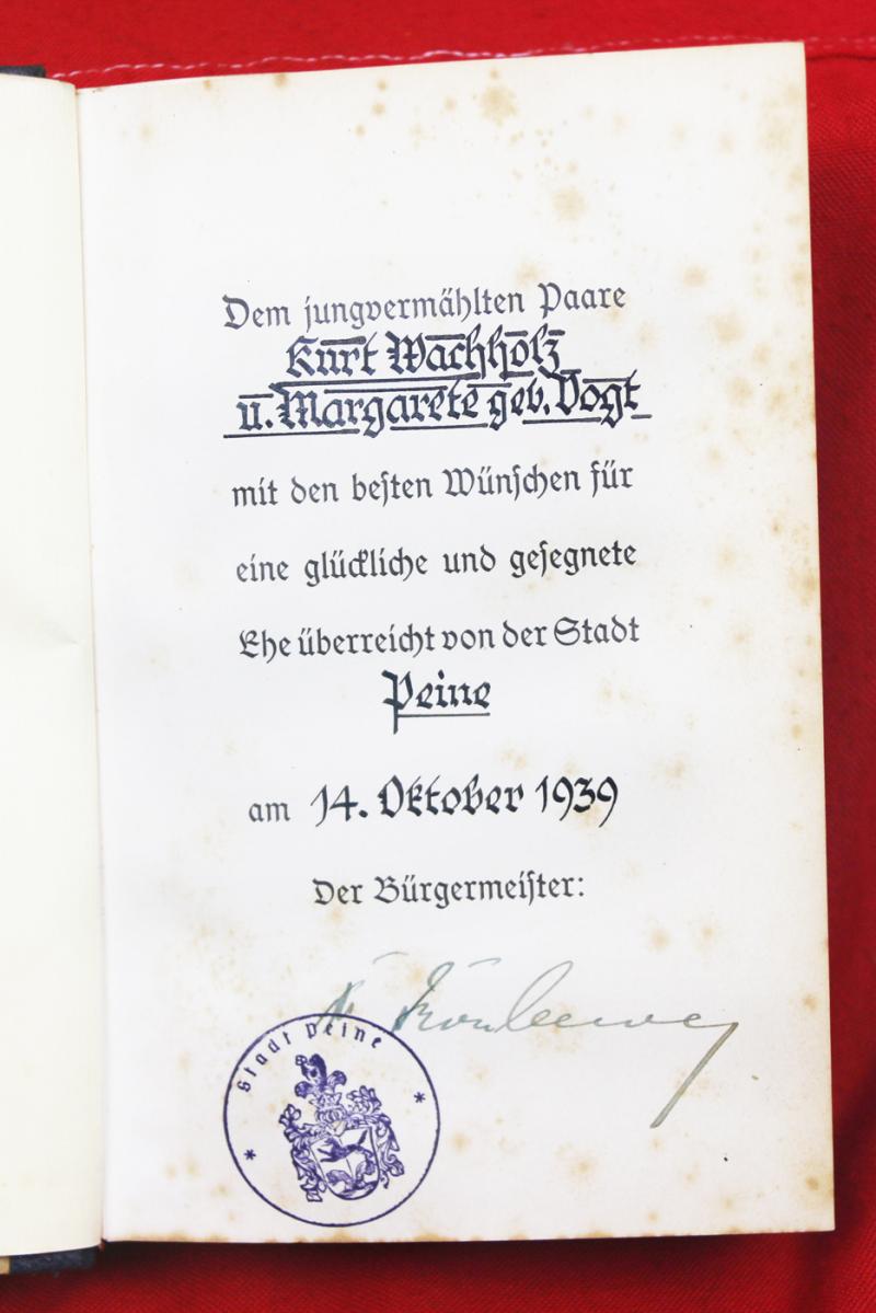 A German 'Wedding Gift' Presentation Grade Adolf Hitler's 'Mein Kampf' Published in 1939. Presentation & Personally Signed by Dr. Wiard Bronleewe Burgomeister & SA District Leader of Peine