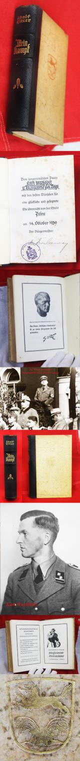 A German 'Wedding Gift' Presentation Grade Adolf Hitler's 'Mein Kampf' Published in 1939. Presentation & Personally Signed by Dr. Wiard Bronleewe Burgomeister & SA District Leader of Peine