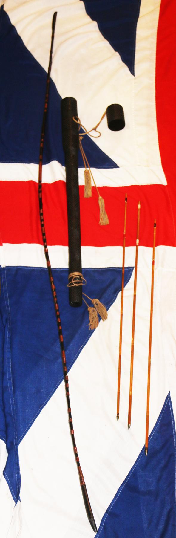 A Rare, Original, Japanese Antique Edo Period Samurai War Bow 'Daikyū ' With Urushi Lacquered Woven Rattan Quiver 'Yabira Yazutsu' With 3 'Ya' Arrows