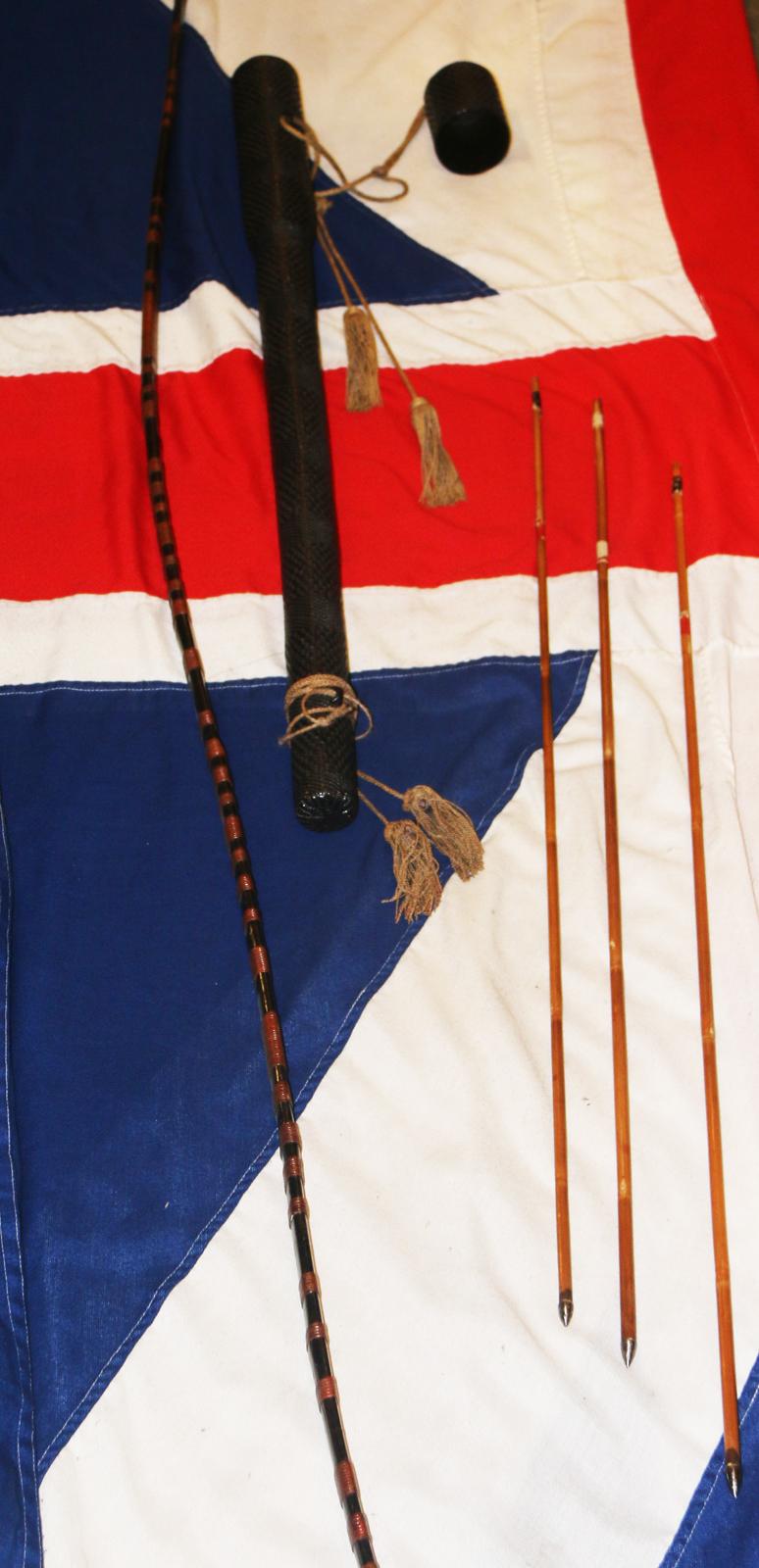 A Rare, Original, Japanese Antique Edo Period Samurai War Bow 'Daikyū ' With Urushi Lacquered Woven Rattan Quiver 'Yabira Yazutsu' With 3 'Ya' Arrows