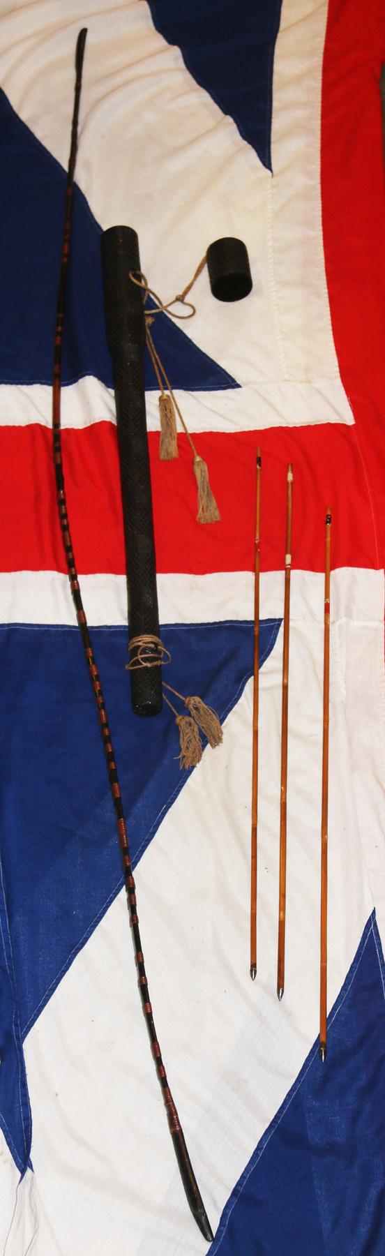 A Rare, Original, Japanese Antique Edo Period Samurai War Bow 'Daikyū ' With Urushi Lacquered Woven Rattan Quiver 'Yabira Yazutsu' With 3 'Ya' Arrows