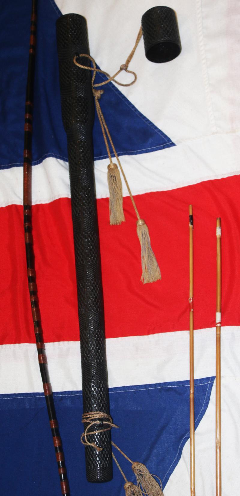 A Rare, Original, Japanese Antique Edo Period Samurai War Bow 'Daikyū ' With Urushi Lacquered Woven Rattan Quiver 'Yabira Yazutsu' With 3 'Ya' Arrows