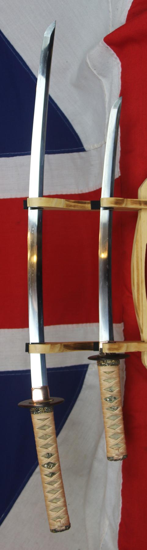 A Beautiful Koto-Shinto Period Signed Yasuhiro, in KiiKuni. Antique Samurai Daisho With Rokakku Clan Mon. Traditional Daisho, the Two Swords Of The Samurai, Comprise a Fine Daito Long Sword & Signed Shoto Short Sword. With With Pierced Rokakko Mon