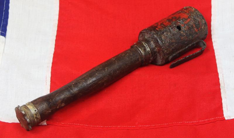 An Original WW1 M17 Imperial German Stick Grenade Stielhandgranate {aka The Potato Masher}. A Training Smoke Version For Distributing Smoke or Gas To Cover Assaults, Attacks or Retreats By German Shock Troops In The Trenches