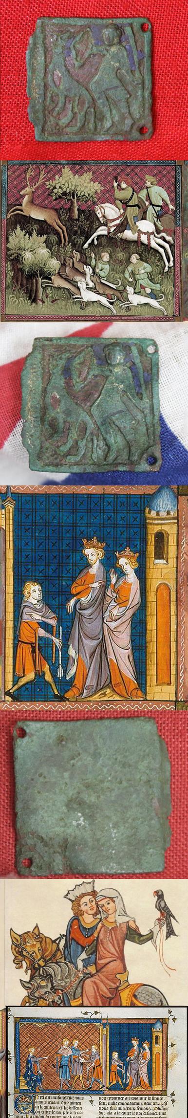 From Limoges, a Champleve Enamel Gilt & Bronze Sword Belt Plate of a Knight of King Henry II & Queen Eleanor of Aquitaine. Decorated With A Knight Combating A Beast with Spear and Shield . 1100's 'Opus Lemovicense' Crafted in Limoges, Aquitaine