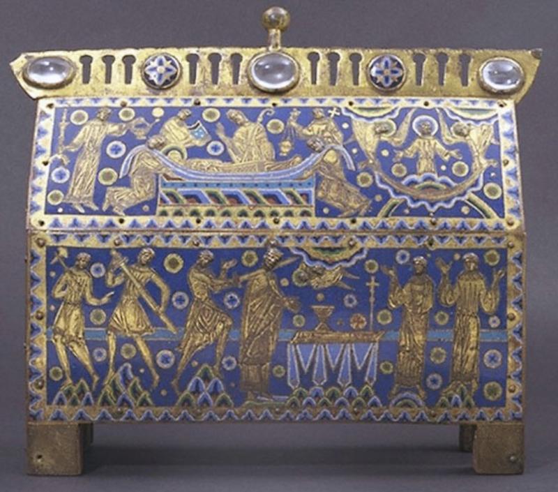 From Limoges, a Champleve Enamel Gilt & Bronze Sword Belt Plate of a Knight of King Henry II & Queen Eleanor of Aquitaine. Decorated With A Knight Combating A Beast with Spear and Shield . 1100's 'Opus Lemovicense' Crafted in Limoges, Aquitaine