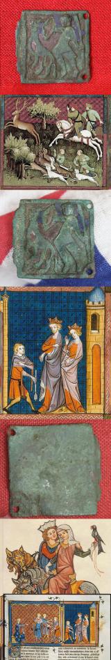 From Limoges, a Champleve Enamel Gilt & Bronze Sword Belt Plate of a Knight of King Henry II & Queen Eleanor of Aquitaine. Decorated With A Knight Combating A Beast with Spear and Shield . 1100's 'Opus Lemovicense' Crafted in Limoges, Aquitaine